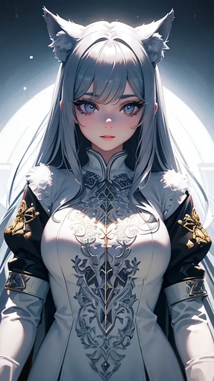 a young wolf-girl, beautiful detailed eyes,, extremely detailed face, long eyelashes, in a high-tech room, wearing simple white clothes, ,cinematic lighting,vibrant colors,digital art,concept art,intricate details,highly detailed