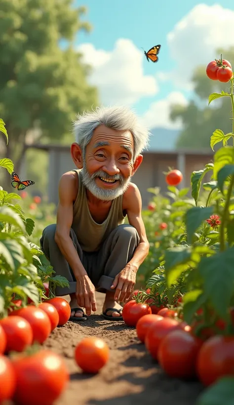 Uncle Tu is an elderly man, Lean with gray hair and tanned skin. He usually wears simple clothes like old shirts, Long pants and flip-flops. He has a gentle face, often smile beard. Watering tomatoes 3d animation