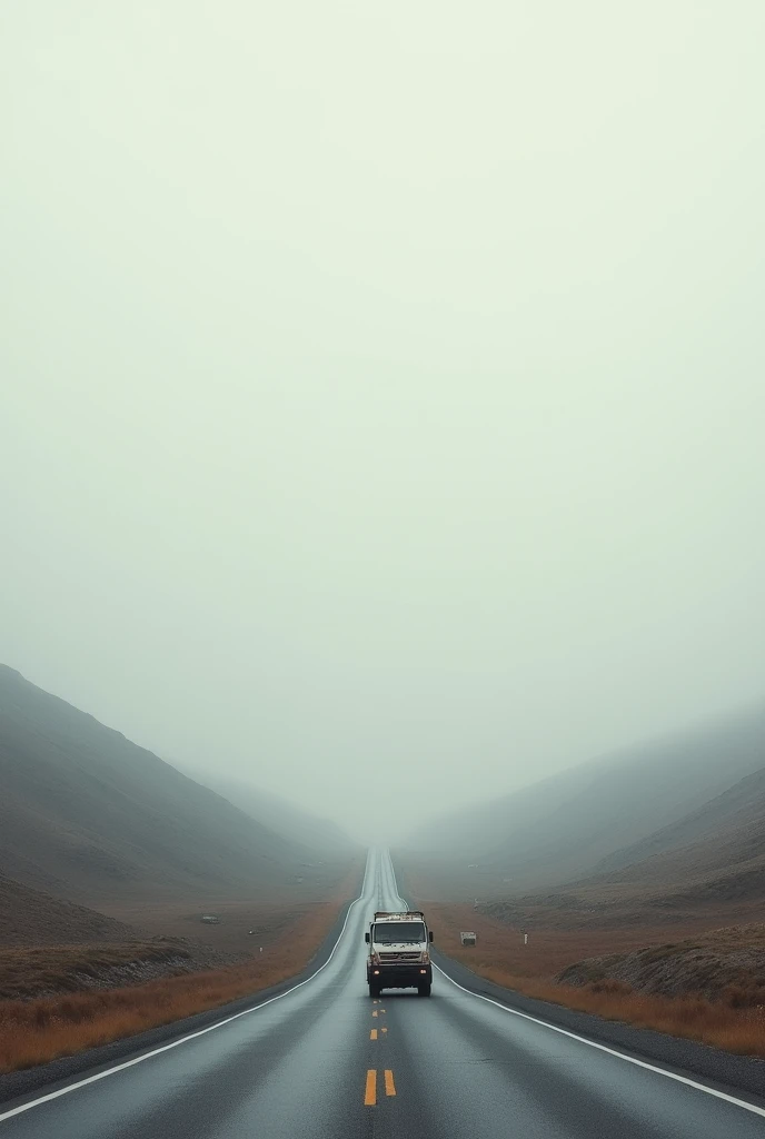 a road with an almost white sky and a white truck