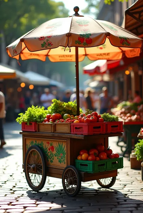 Create a model of a display cart to sell vegetables on the street with an iron and acrylic umbrella 