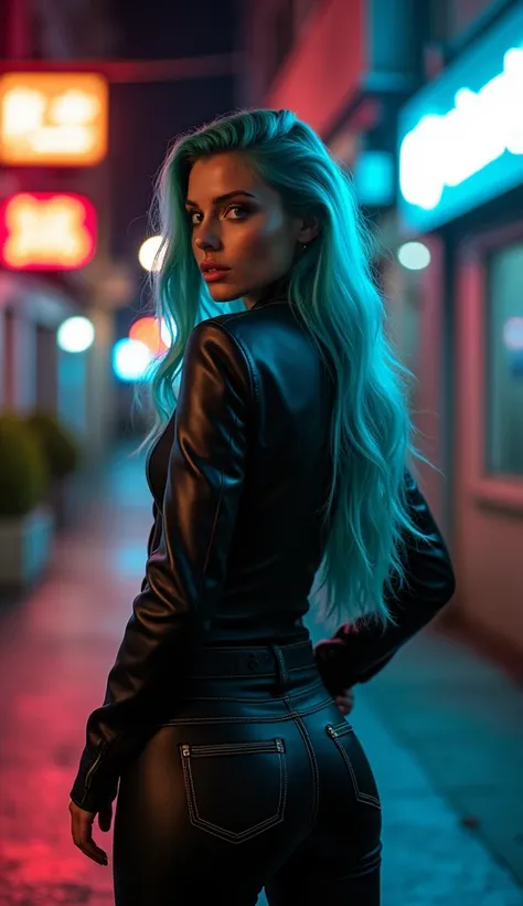 sexy girl, turquoise hair, leather jacket on the naked body