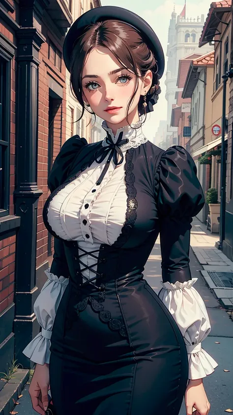 Woman, chic,(victorian dress:1.2), (narrow waisted), blushful, offcial art, face detail, CG,looking ahead at viewer, (standing),Meia-noite,large breasted, ssmile, era vitoriano, plein-air, trunk