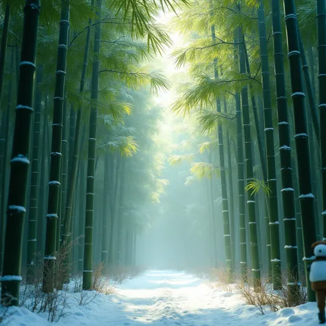 Show the seasonal changes of bamboo forest, such as the snow scenery in winter, showcase the diversity and vitality of bamboo forest. Beautiful cinematic lighting, surreal, RAW photo, color graded, dynamic movement, captivating chiaroscuro, award-winning, ...