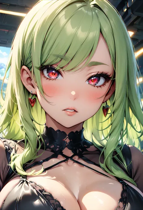 score_9, score_8_up, score_7_up, score_6_up, score_5_up, 1girl, solo, green hair, straight hair, long hair, red eyes, glowing eyes, sultry eyes, juicy lips, plump lips, glossy lips, soft blush, dolly face, eyelashes, natural eyebrows, eyeliner, large breas...