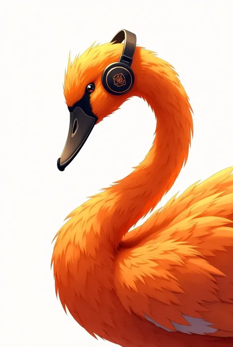 Anime of a swan with a headset in orange colors, yellow, dark orange and black. white image background, only the highlighted drawing 