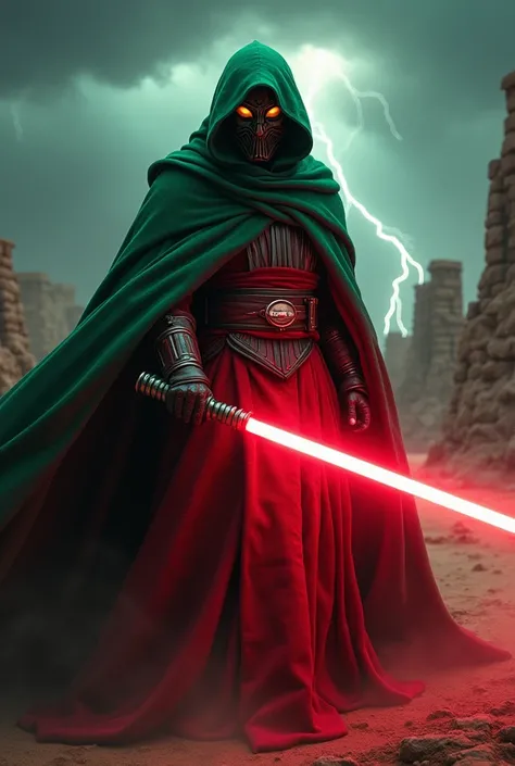 The country mexico as a Sith Lord from Star Wars, colors of the flag, red lightsaber, scary, frightening, ultra-realistic 