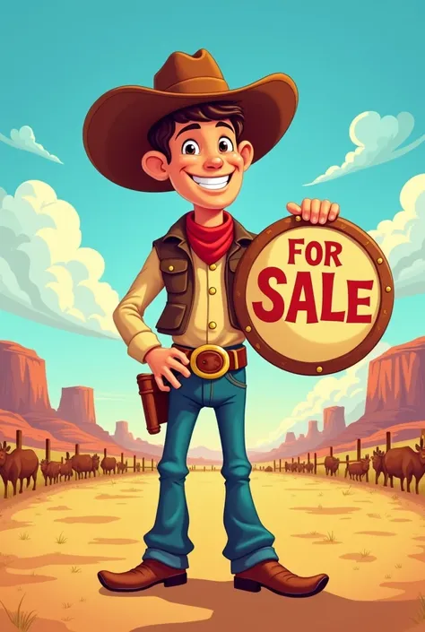 Create a Cowboy holding a round sign offering his product for sale, that it be in a cartoon that behind you can see a ranch and desert without a beard 