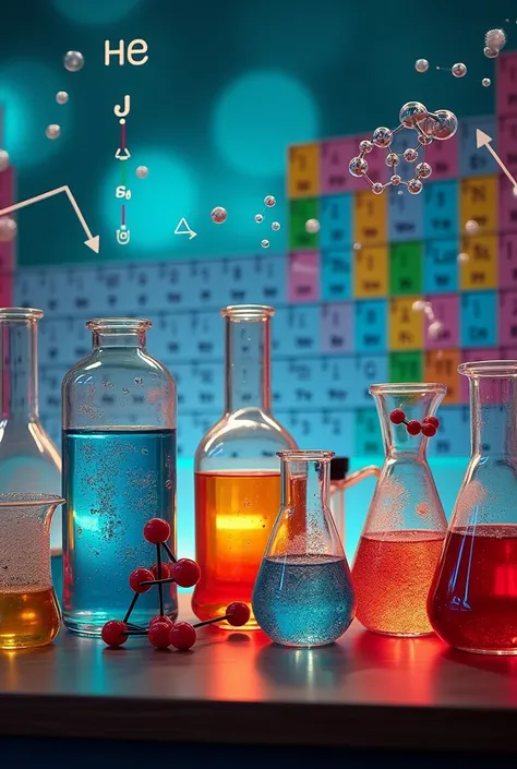 Create a comprehensive image that represents the field of Chemistry. Include visuals like a periodic table, laboratory bottles with colored liquids, and a molecule with a structure of atoms connected by bonds. Add symbols for different types of chemical re...