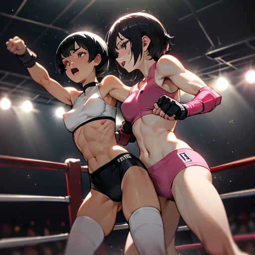 two bloody beautiful Japanese female heavyweight fighters are fighting by bareknuckle boxing in the octagon fighting ring of underground arena with audience. A fierce exchange of dynamic punches. they are beating each other so hard. survival battle. whole ...