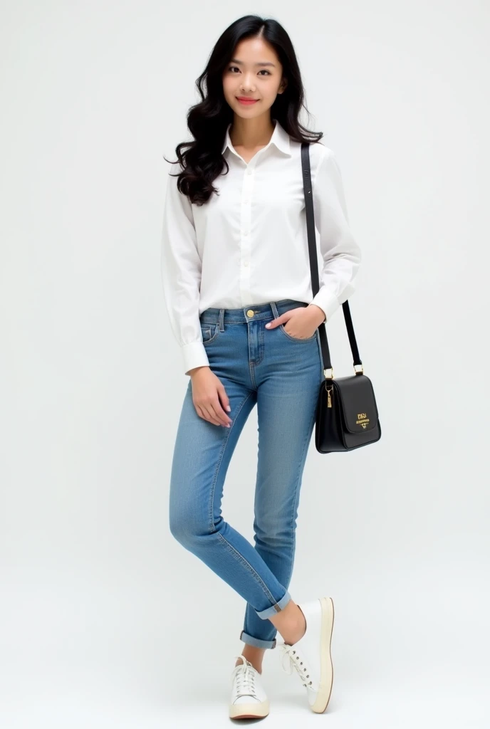 Asia woman, white skin, black hair, curling hair, wear white shirt, blue jeans, white canvas shoes, prada shoulder bag, white background