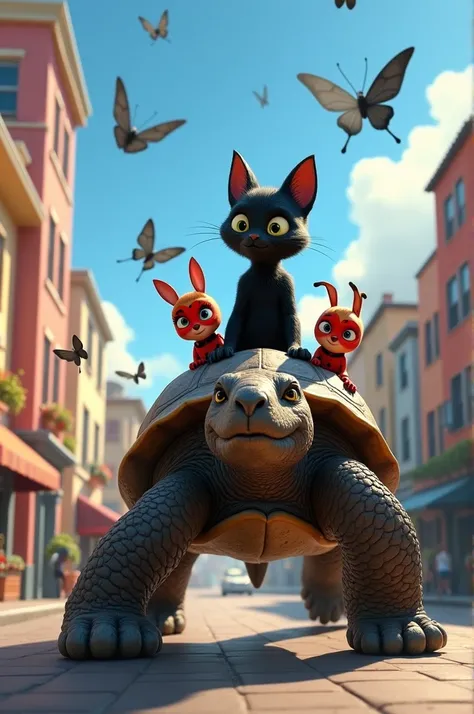 Cat Noir riding a giant turtle. Behind him Lady Bug follows riding a large rabbit. Behind them comes Lepidoptera with several black butterflies. Everything takes place on a street in any city..