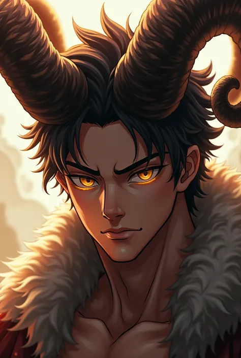 (high resolution:1.4), hyper-detailed, man with horns on his head, 1boy, a male character portrait, daddy energy, fluffy bangs, ultra detailed content, god like, beautifully lit, simple background.