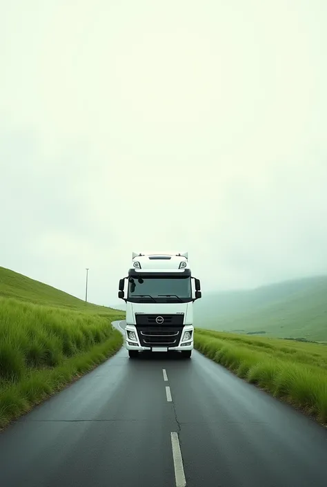 a road with an almost white sky with green grass and a white truck with a close focus of the truck