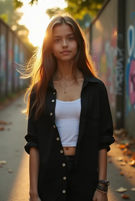 A girl wearing black shirt with all buttons unhooked
