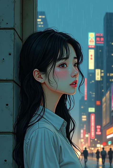 book cover, realistic drawing: Kizi (korean face, long wavy black hair, sobbing), behind a gray hotel, but in an urban city. The name of the book would be "Heartbreak Hotel", autora iKakaw