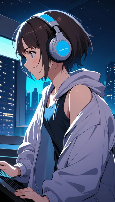 2d studio ghibli girl,depict a girl listening to music with headphones, wearing a tank top as an inner and a hoodie over it. The background showcases a nighttime cityscape.