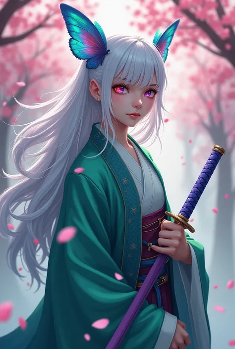 girl with white hair with butterfly haori with one purple eye and one red eye and purple katana and butterfly brooch green and blue long hair