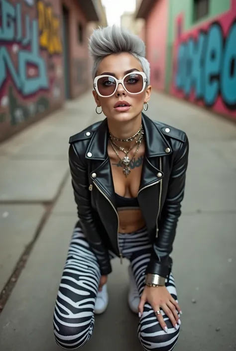 russian old milf woman, grey hair (boyish quiff, shaved sides), wearing sunglasses as (big maxi sunglasses), bandana as headband, with very light blue eyes, extremely pale. Wearing cropped padded black moto jacket with lots of zippers and badges on jacket ...