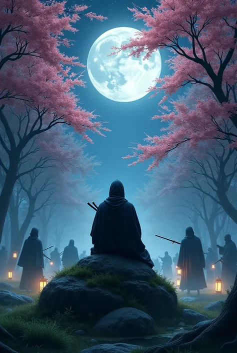 Japanese ninja meditating while other ninjas are fighting at night 