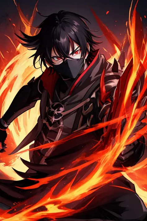 Male anime character, with red, glowing eyes, black hair, ninja mask covering the lower part of his face, dark setting, A phoenix in the background illuminating the setting. Make it as detailed and dynamic as possible.