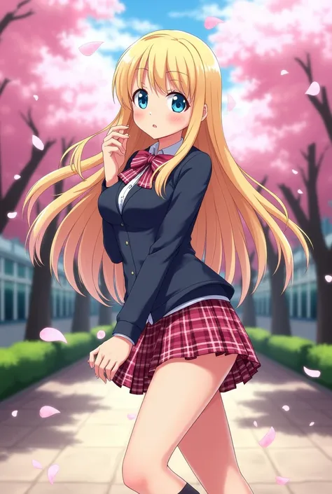 An anime style blonde woman with huge breasts in school clothes Short skirt showing her ass 