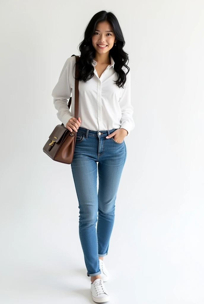 Thai woman, white skin, black hair, curling hair, wear white shirt, blue jeans, white canvas shoes, prada shoulder bag, white background