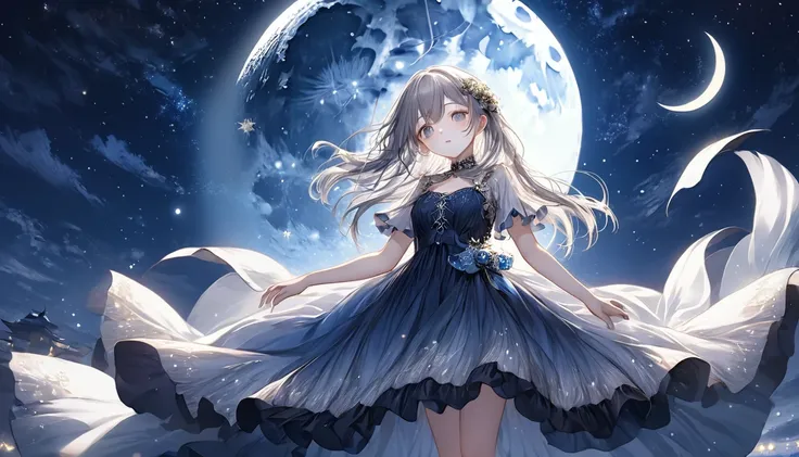 **282. One person。Personification of the moon。A beautiful incarnation of the moon floating in the silent night sky。Cowboy shot or close-up。  
masterpiece, best quality, ultra detailed (Detailed fingers), (Emotional), (Breathtakingly beautiful),  
(main par...