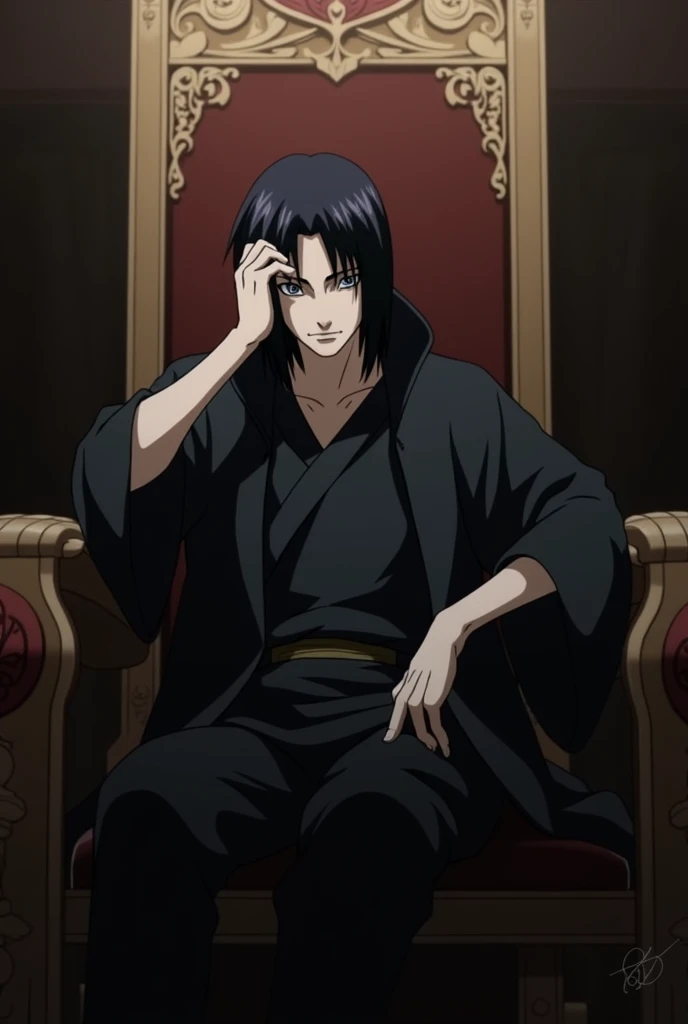 Episode 135 naruto Shippuden Itachi Uchiha Sitting on the throne same as in the episode. Same posture as the episode.
His face should be leaned on the right side with his knuckle supporting it and his forearm on the arm rest of the chair. Snd his right leg...