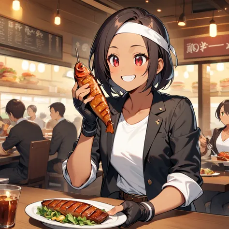 single,female,eating grilled fish in a restaurant,short height,dark hair,dark skin,red eyes,((rolled up black jacket)),fingerless gloves,white T-shirt,(white headband),black pants,white shoes,brown belt,cute,indoor-oriented,charming,top quality,neat face,n...