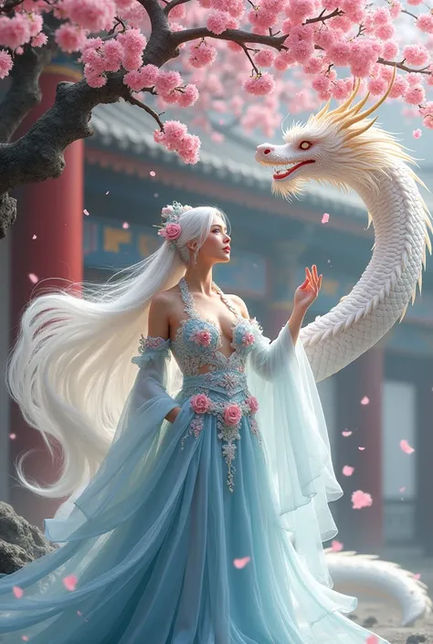 A woman, big breasts, in a blue and white dress with flowers in her white hair, hanfu, palace, girl in hanfu, blue hanfu, white hanfu, wearing ancient Chinese costume, cherry blossom tree, cherry blossom flower petals in wind, reaches up to ((white, pink, ...