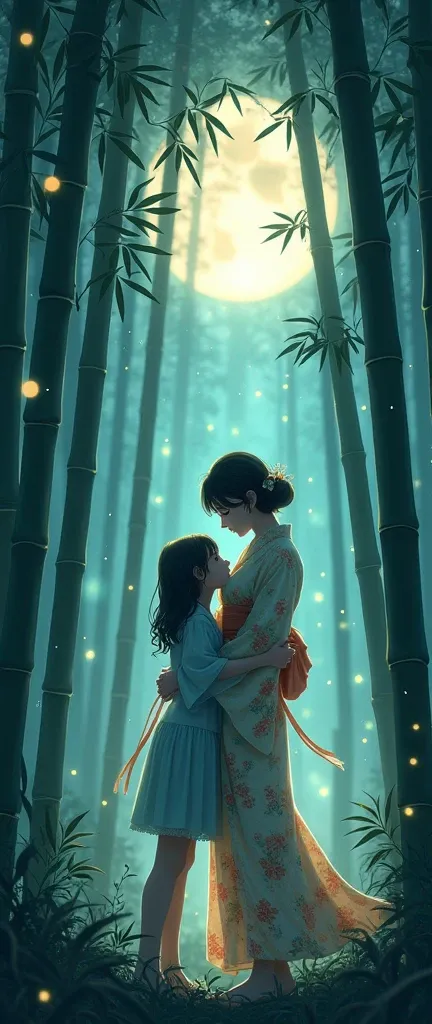 Bamboo Forest,Moonlight, woman in kimono,Two girls kissing