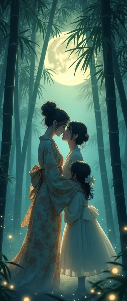 Bamboo Forest,Moonlight, woman in kimono,Two girls kissing