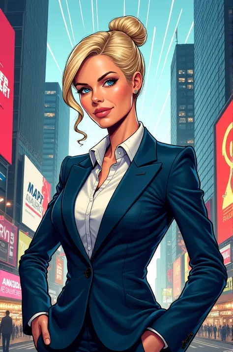 Woman with light blonde hair, small blue eyes, dressed as a businesswoman, Comic style drawing