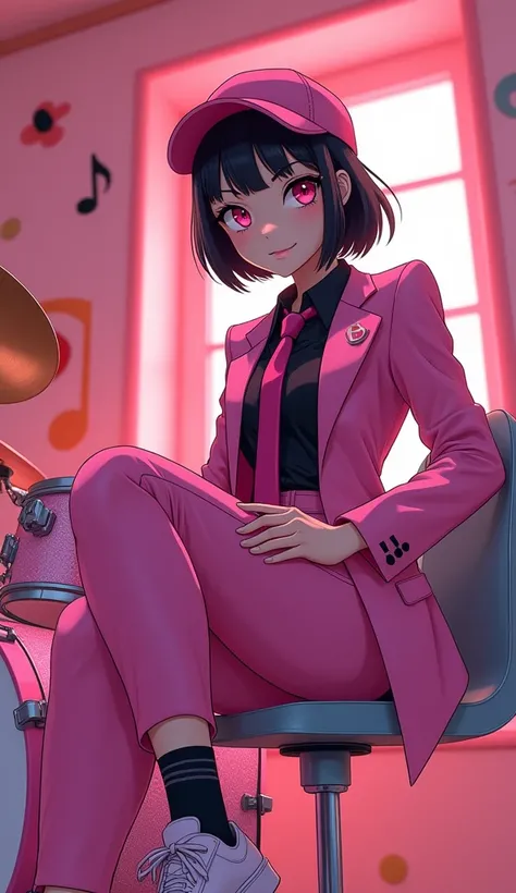 The young woman short black hair and pink eyes wear a pink suit, black shirt, magenta necktie, pink cap, black pencil skirt, black underpants, black tights, black socks, adidas pink sneakers.

She wear glasses, sit on the drum chair, pink drum set, pink ro...