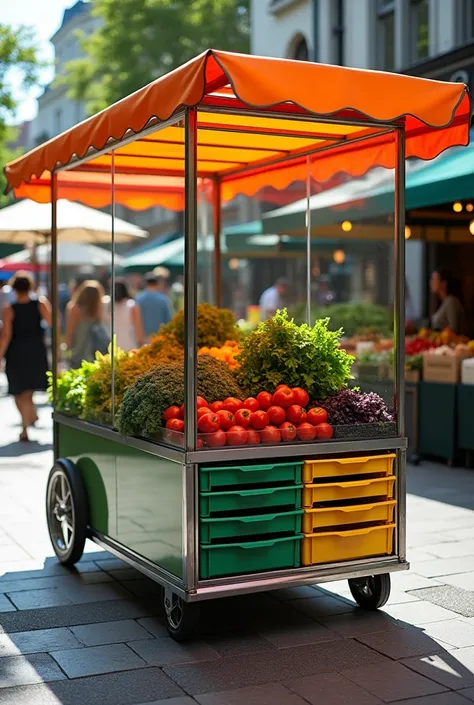 Make a vegetable sales cart in transparent acrylic with a metal frame with plastic drawers and awning