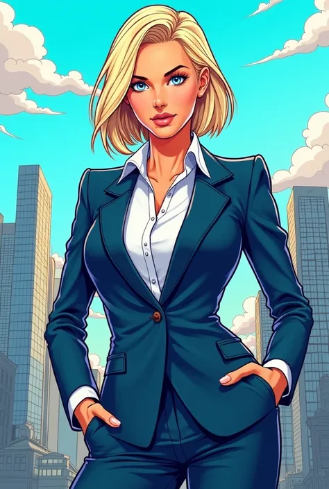 Woman with light blonde hair, small blue eyes, dressed as a businesswoman, Comic style drawing