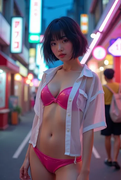 busty curvy short japanese girt with short hair and wearing tight transparent white which can see through her pink bra school short shirt and micro skirt