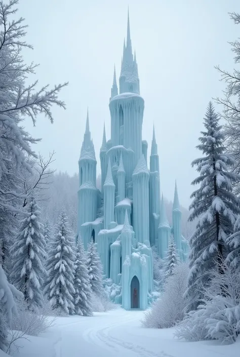 I need an ice castle, the castle is tall and majestic, in the middle of snow-covered trees.
the castle is made of white bricks that appear in some places of the castle, as if it were purposeful and aesthetic, but overall, It is a beautiful castle that brin...