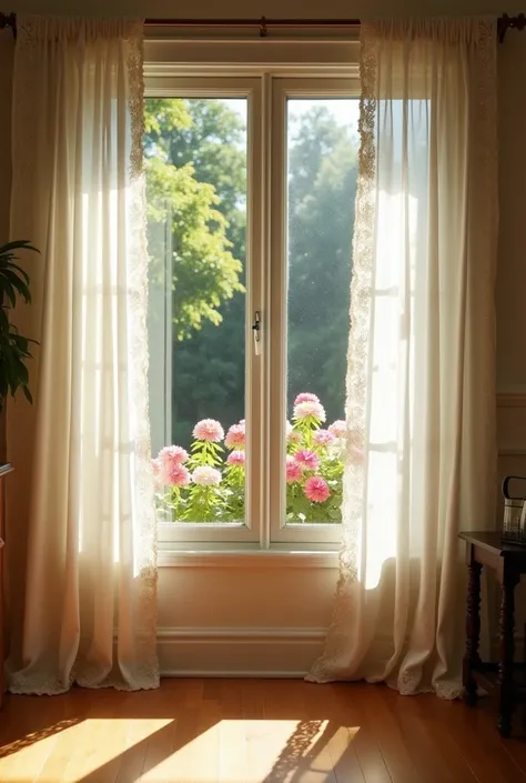 Windows with cloth curtains