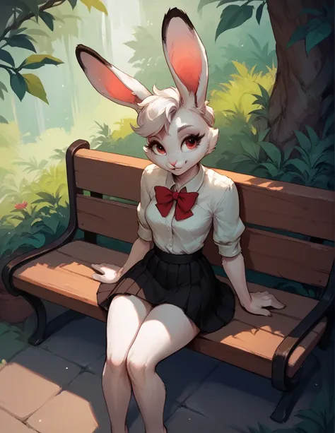 (((furry 5.0)))),female, 18 years, cute rabbit, female кролика,skirt, slender body, sits on a bench, against the background of t...