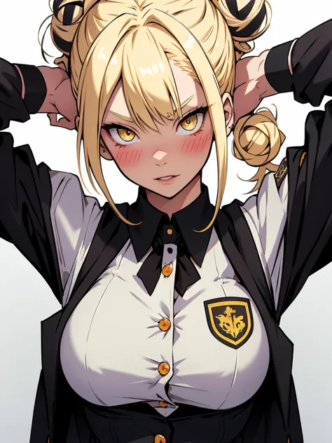 Fair-skinned girl, blush, Pretty face, Vampire-like appearance, Yellow Eyes, whole body, blonde (pale) hair color, Hairstyle Two Messy Buns, school uniform, Erect nipples