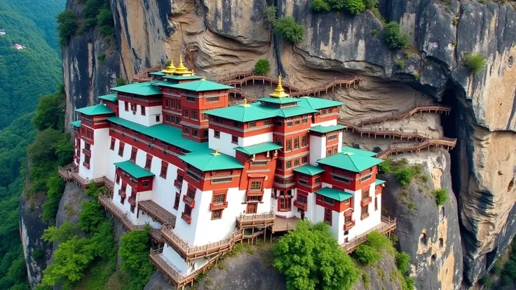 an impressive set of buildings situated on a steep cliff. This is the famous Hanging Temple (or "Hanging Monastery"), located in China. The temple is characterized by its buildings painted red and covered in green roofs that stretch along the rock face. Th...