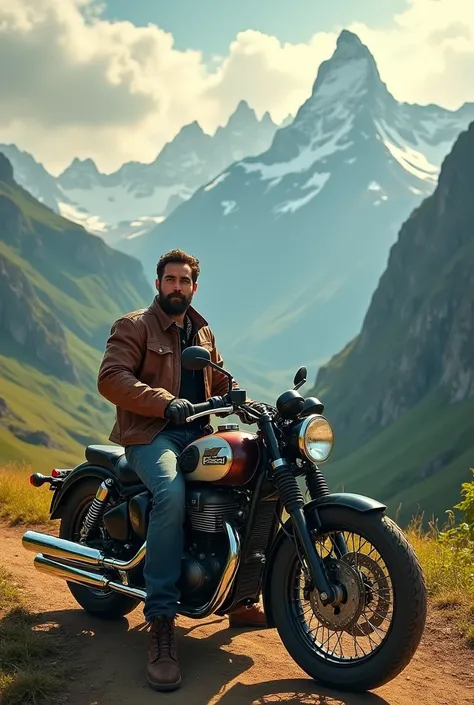 A man sitting on bike near mountains
