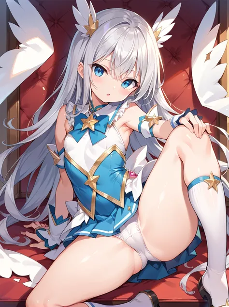 Silver Hair　Magical girl　Tattered　Long Hair　Blue eyes　mini skirt　High Knee Socks　young