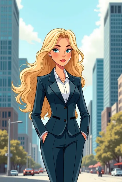 Woman mother, with long light blond hair, small blue eyes, dressed as a businesswoman, book drawing style