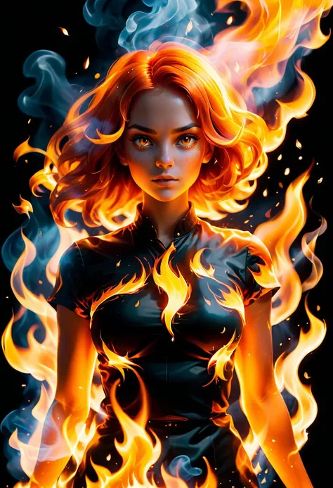 (fire element:1.1),It consists of the fire element,(medium breasts:1.2),burning,Transparency,fiery,(molten rock),flame skin,frame print,fiery hair,to smoke,cloud,chopped,,girl engulfed in flames, Flames fly up and sparks scatter,Burning hand,translucent lu...