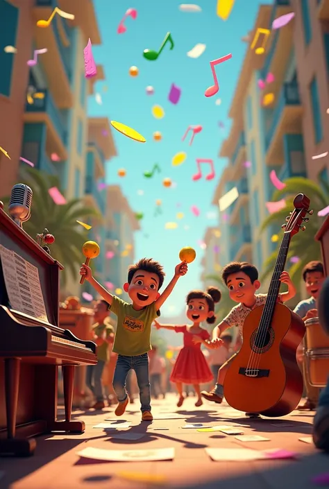 Piano, guitar, drums, maracas, violin, battery, trumpets, microphones, musical instruments, musical notes, sheet music, staff, colorful, happy, Beautiful, , musical, pixar type animation