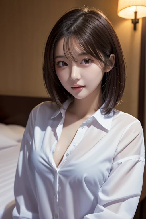 Tabletop, Highest quality, figure, Very detailed, In detail, High resolution, 8k wallpaper, Perfect dynamic composition、beautiful girl、Detailed face、Detailed eyes、Textured skin、Slightly parted lips、Small breasts、Bold sexy pose、((Wide open shirt))、Hotel roo...