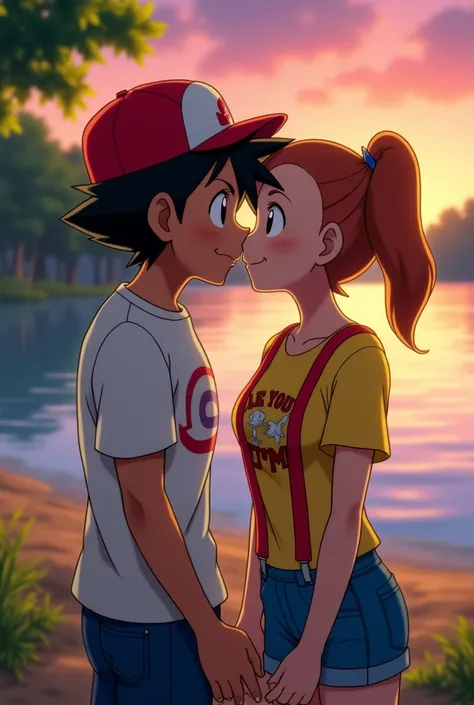 Pokemon anime, Ash and Misty kissing, Misty has a side ponytail, yellow t-shirt with red braces and jeans shorts