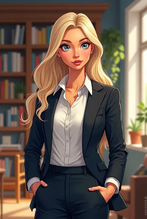 Woman mother, with long light blond hair, small blue eyes, dressed as a businesswoman, book drawing style